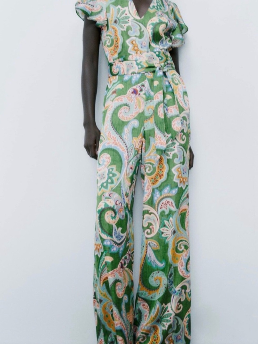 ZARA Green Paisley-Print Blouse with Aqua and Tan Accents